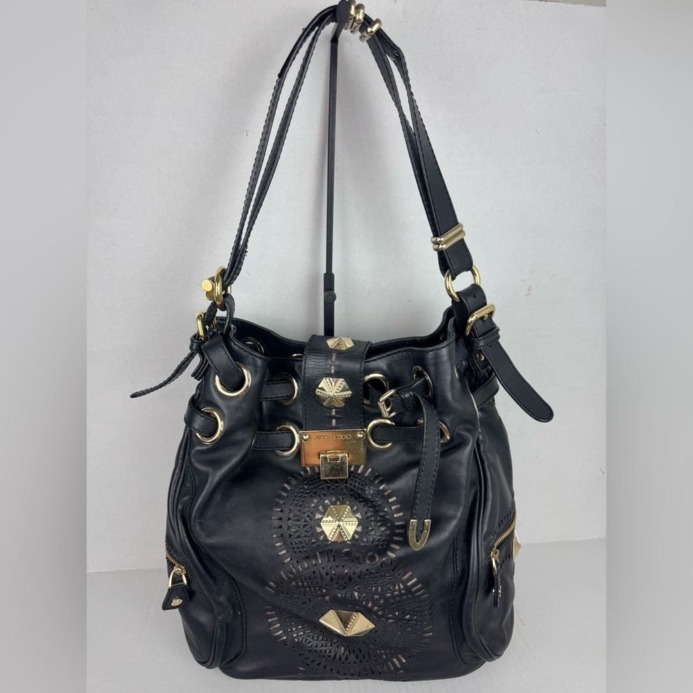 Jimmy Choo Ramona black soft leather leather metal logo embellished satchel bag!